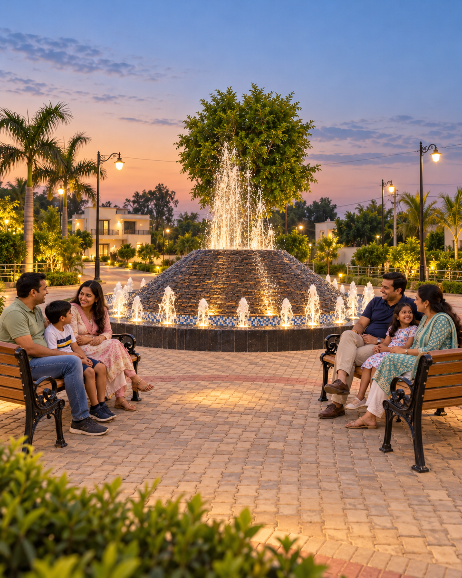 Families sitting together on benches around River Green’s illuminated stone fountain at dusk. AI visualisation.