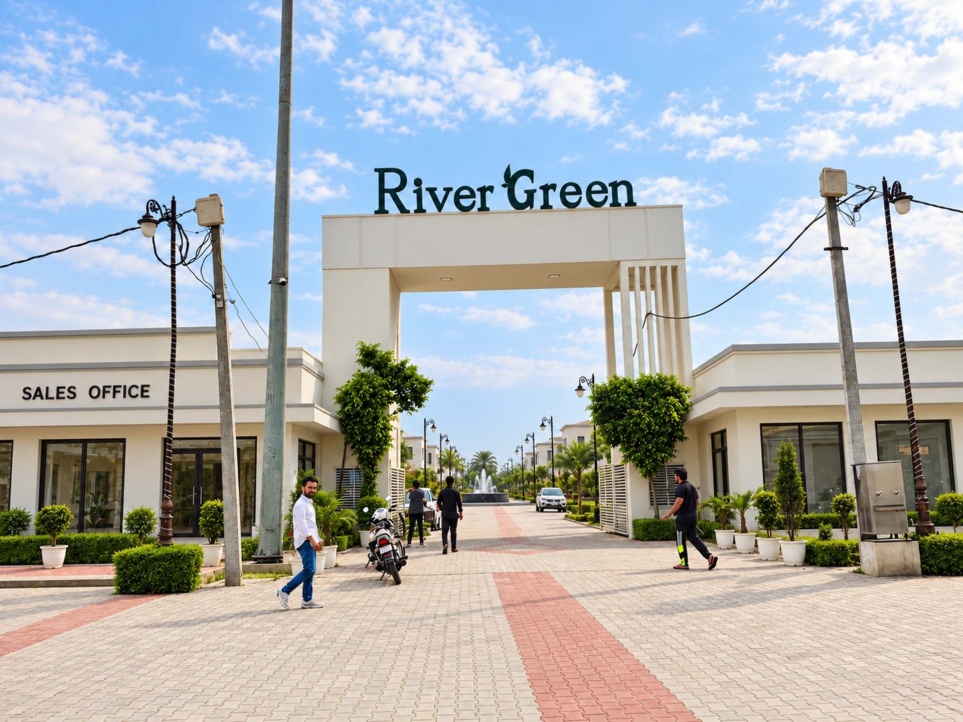 The signed River Green entrance gate with paved approach, planters and sales offices.