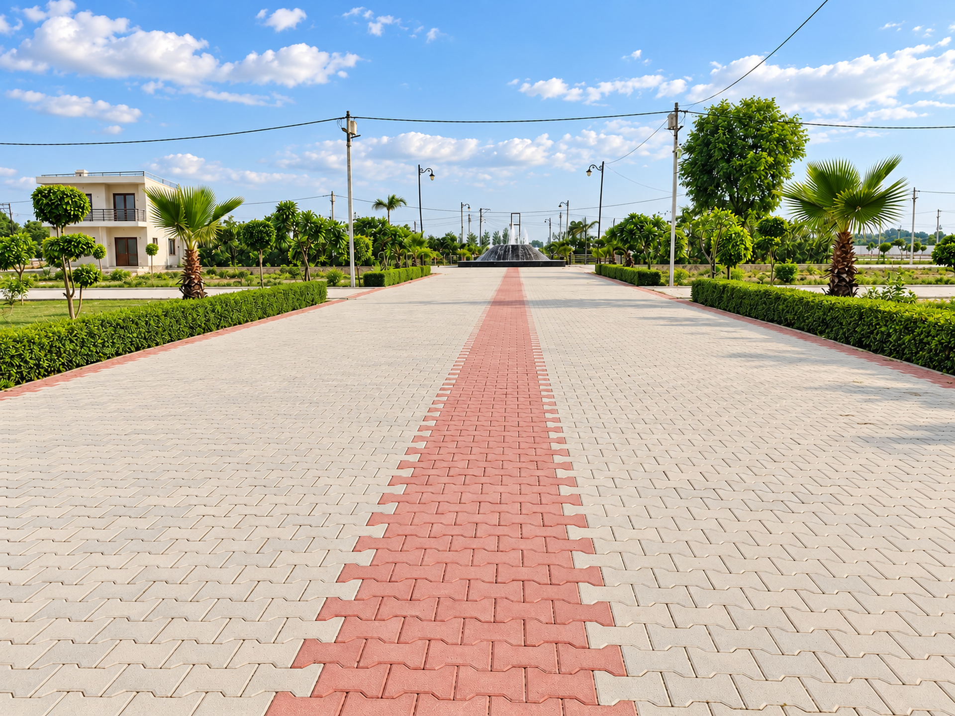 Paved avenue framed by greenery at River Green