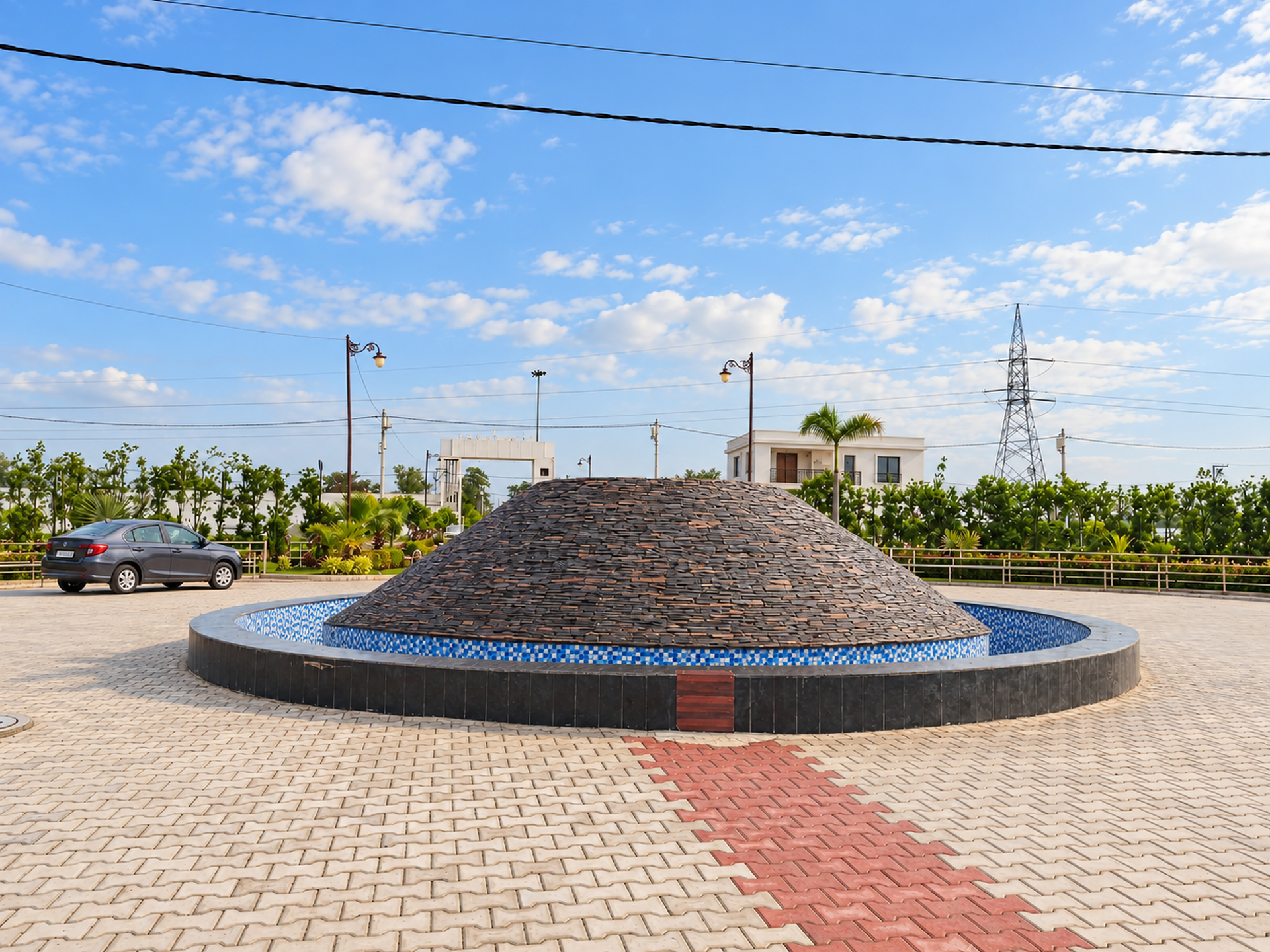 The dry circular stone fountain with blue tiles, street lamps, planted hedges and a completed house behind.