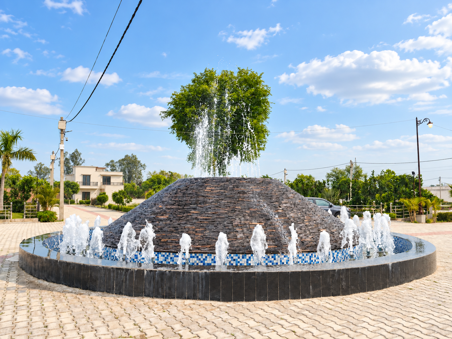 The active stone fountain framed by greenery, palms and a large tree.